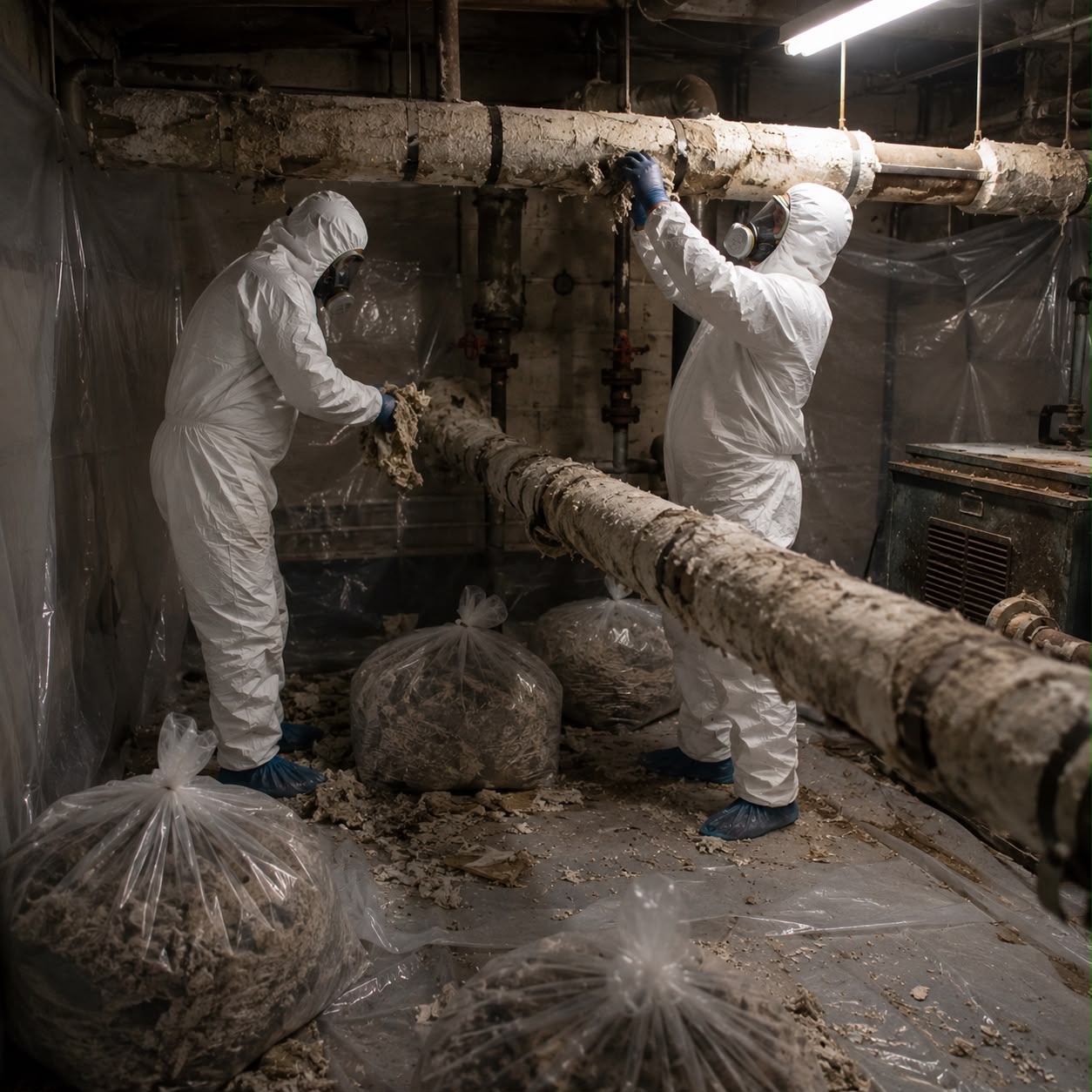 Licensed technicians removing asbestos roof tiles from residential garage